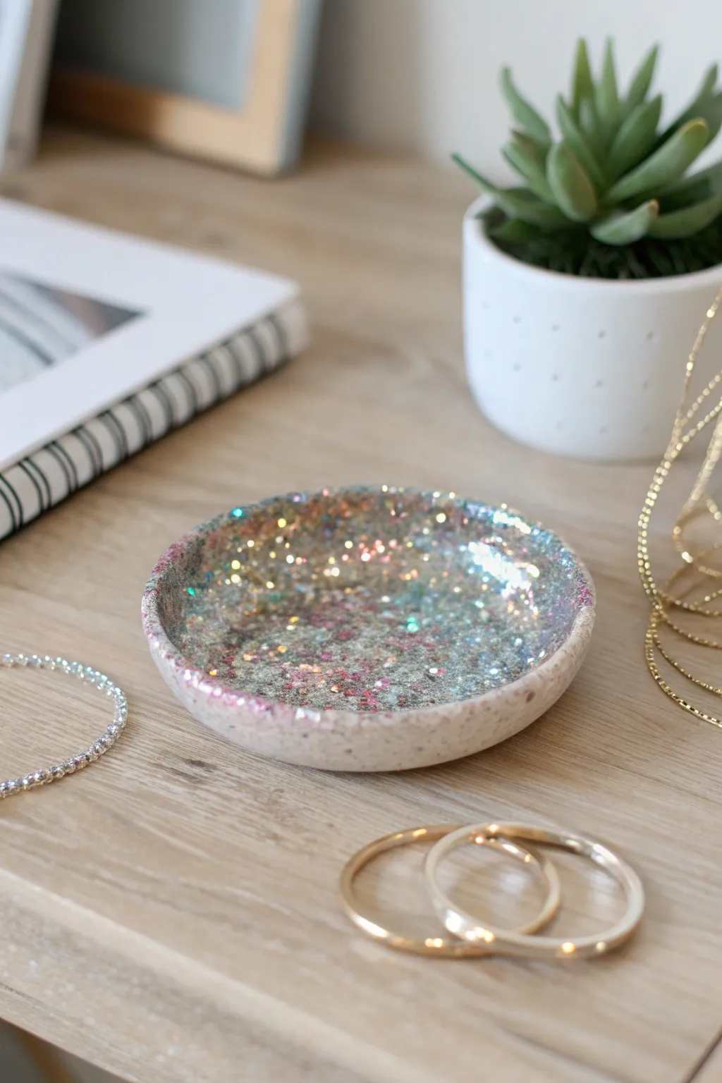 Add a touch of glam to your decor with a DIY glittery trinket dish. Perfect for holding your favorite jewelry pieces!