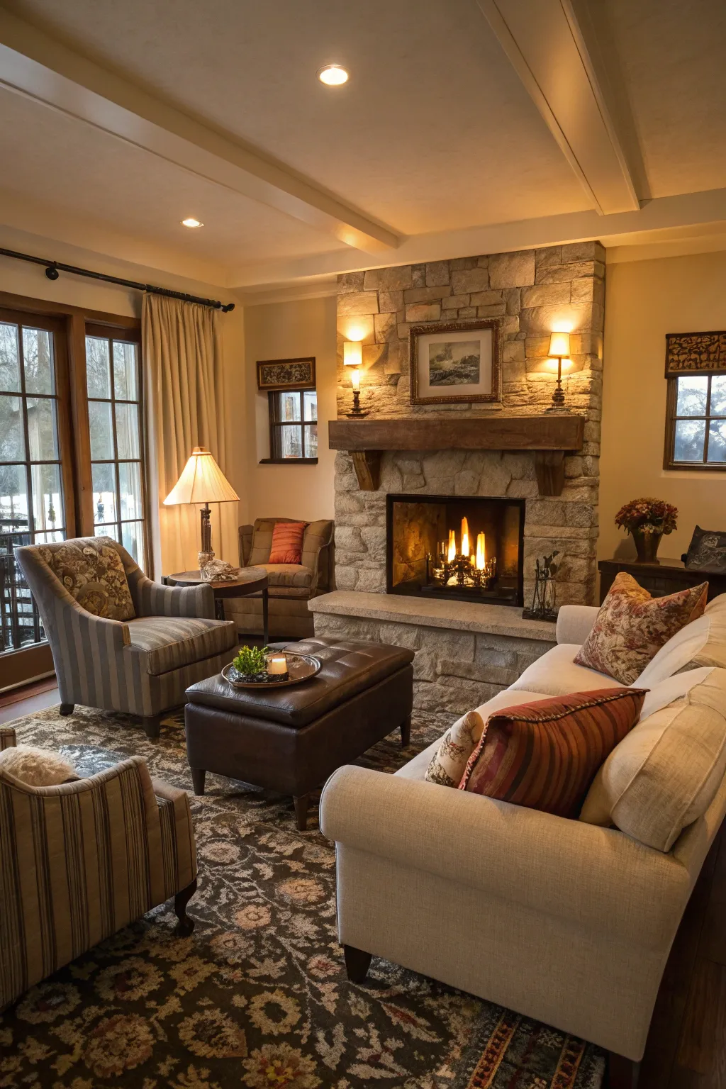 Comfortable seating around the fireplace creating a welcoming atmosphere.