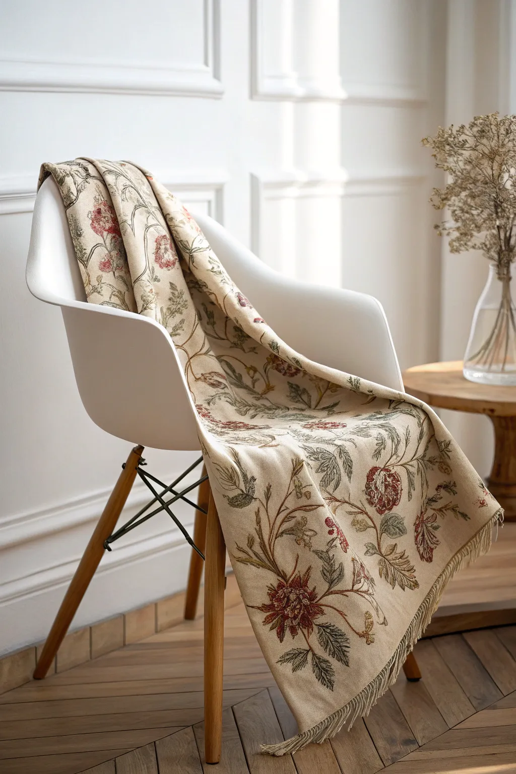 Embrace the charm of vintage prints paired with modern simplicity for a chic, harmonious space.