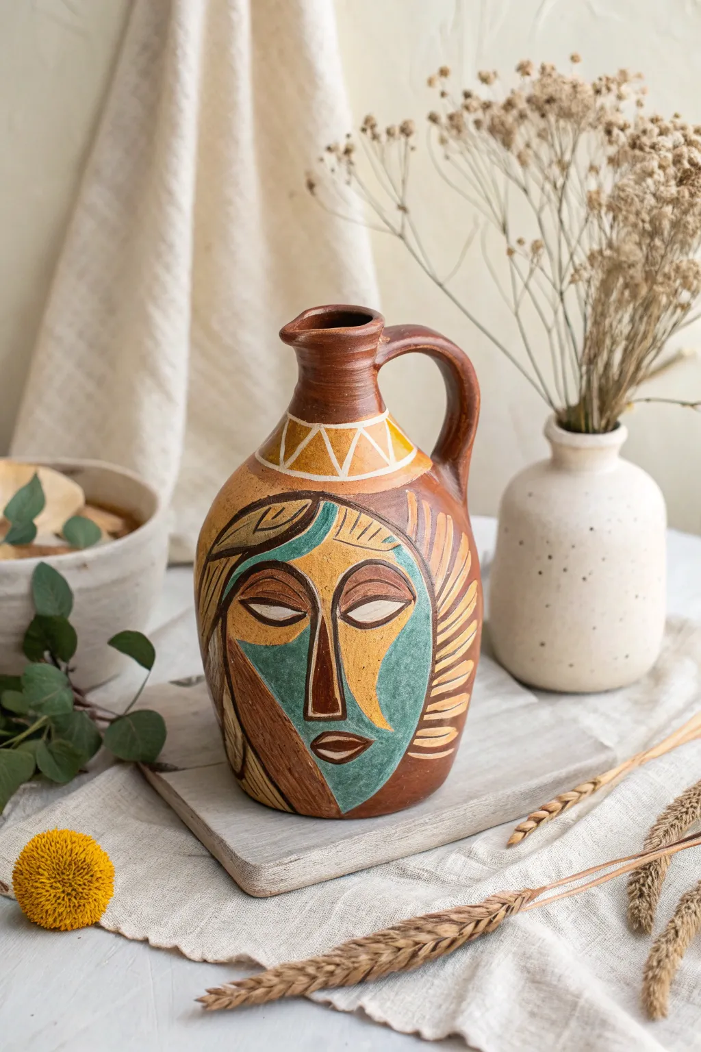 Embrace the art of contrast with this stunning face jug — where earthy tones meet bright hues for a minimalist masterpiece.