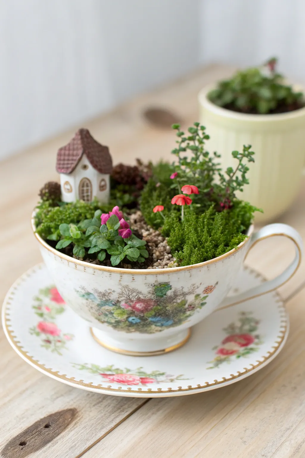 Discover the magic of fairy gardens with this charming teacup creation, perfect for adding a whimsical touch to any space.