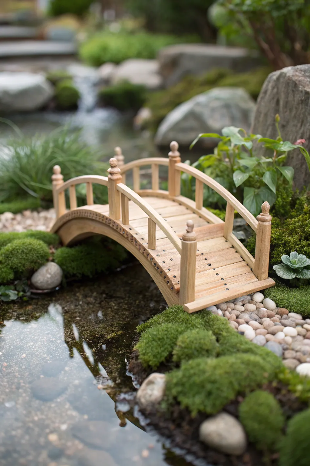 Step into a fairy tale with this charming miniature bridge, a perfect blend of simplicity and magic in your garden oasis.