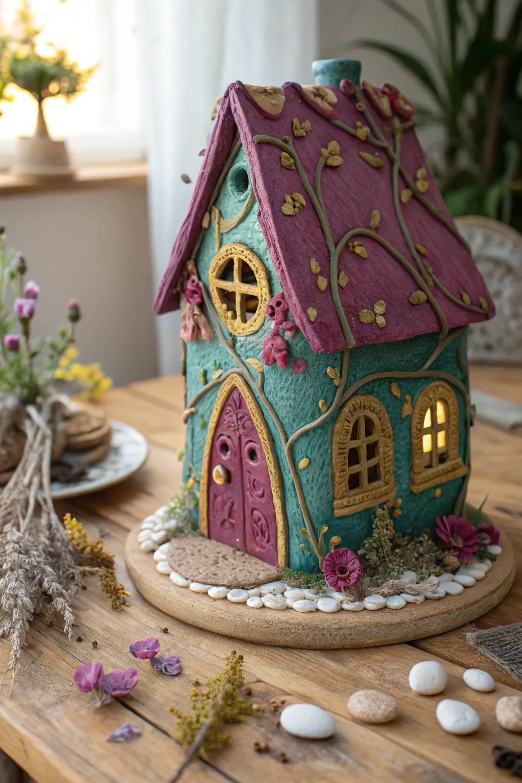 Step into a world of whimsy with this enchanting clay fairy house in mystical colors!