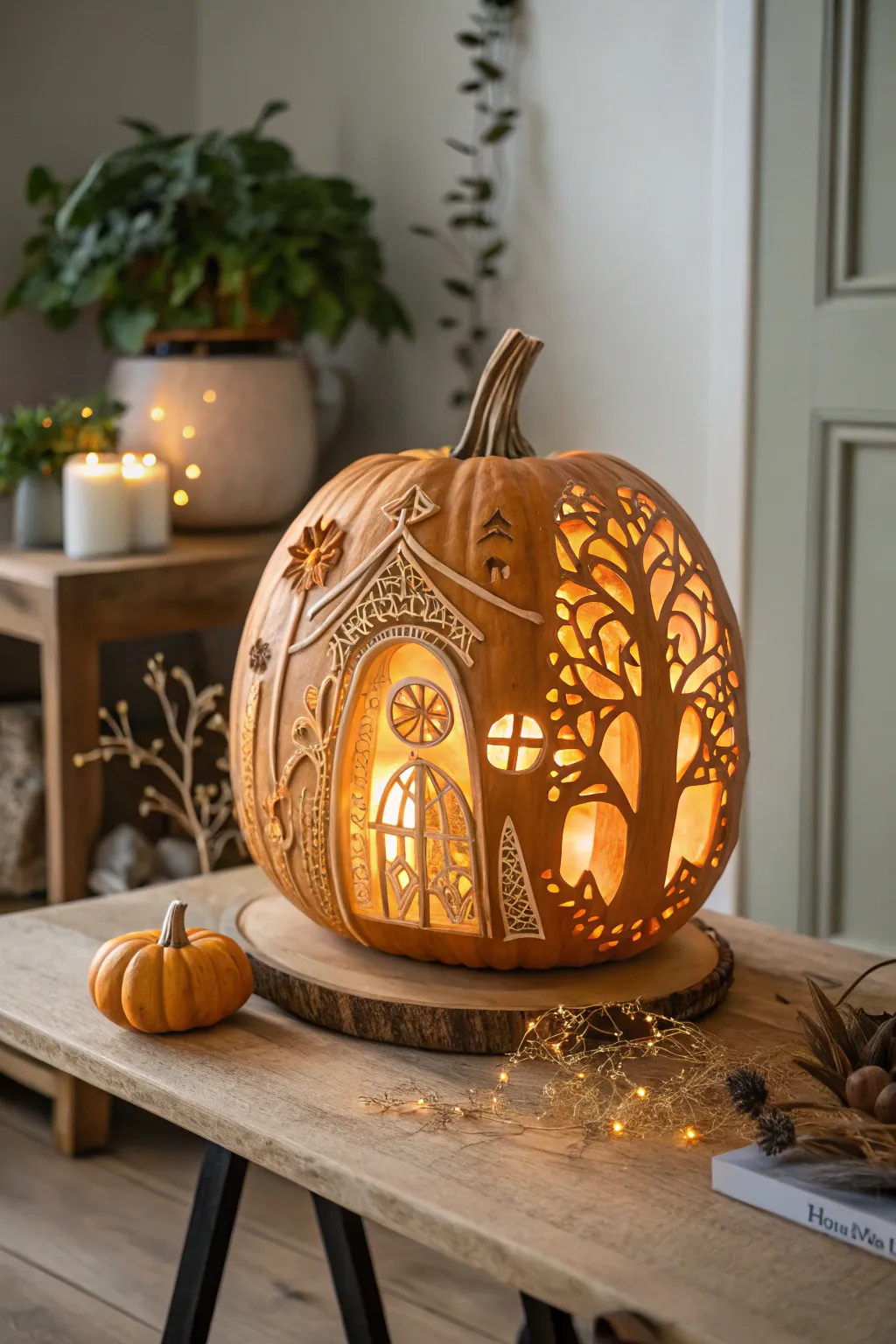 Enchant your space with a fairy house pumpkin, glowing softly with LED lights for a magical night-time ambiance.