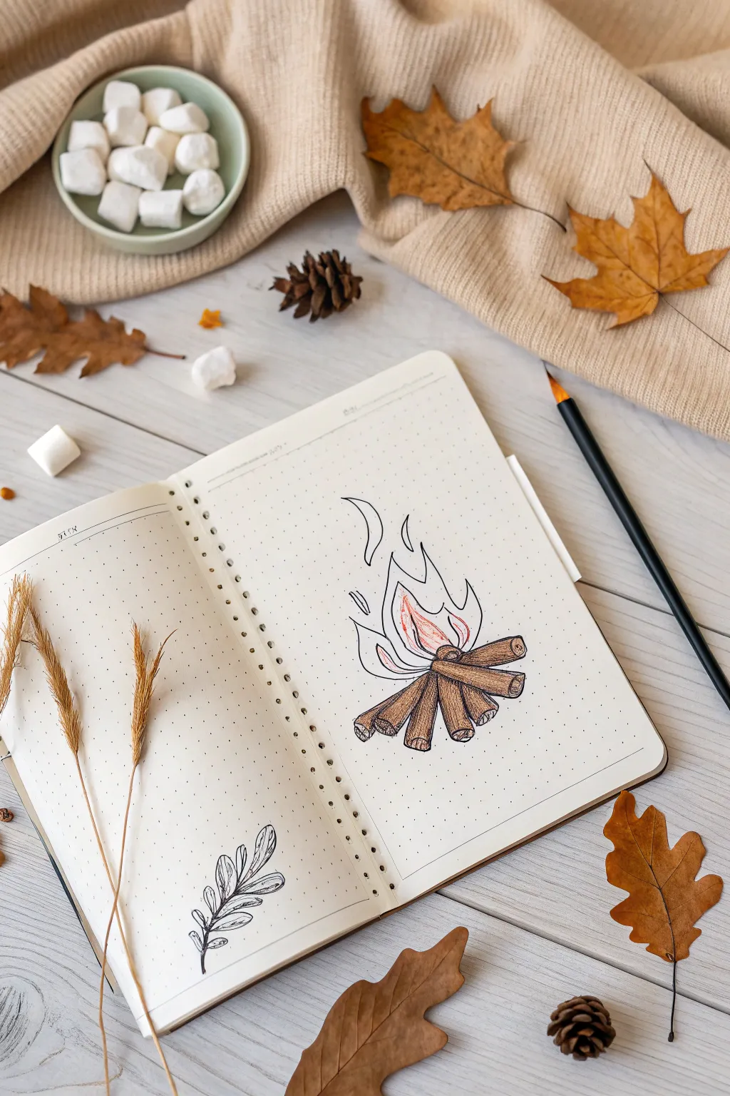 Embrace the warmth of 'Campfire Nights' in your fall bullet journal with simple, cozy doodles.