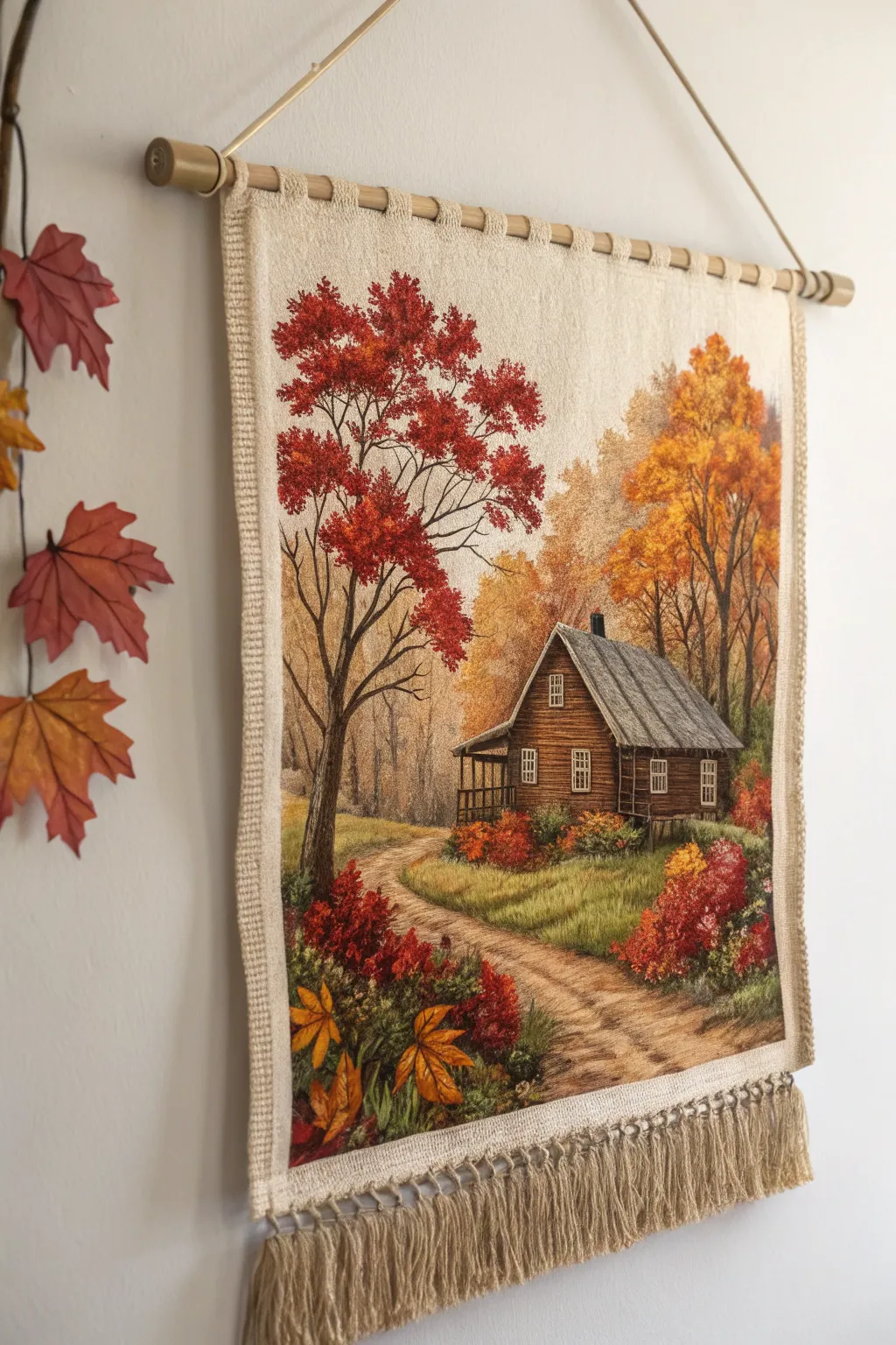 Escape to a serene autumn retreat with this beautifully embroidered rustic cottage scene.