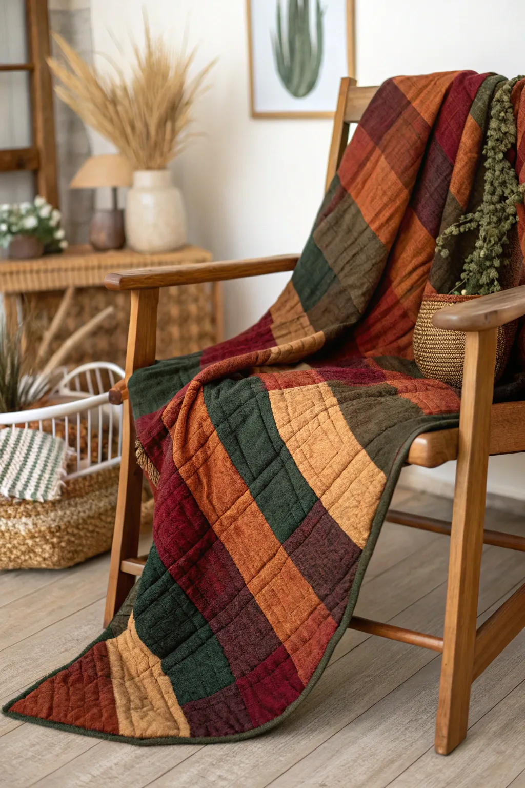 Wrap yourself in the warmth of autumn with this exquisite plaid quilt, where simplicity meets natural beauty.