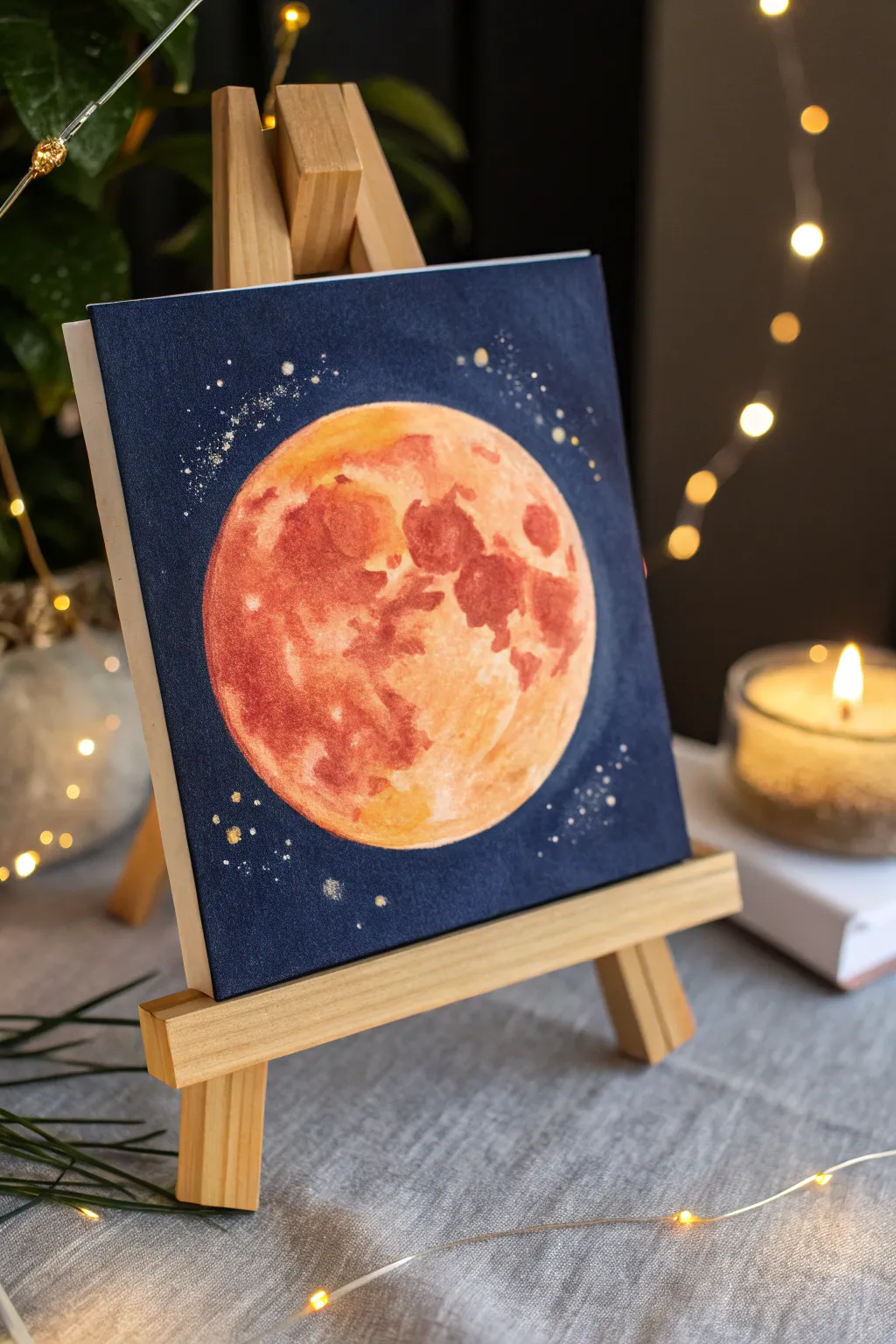 Embrace the ethereal beauty of a harvest moon with warm, vibrant watercolors.