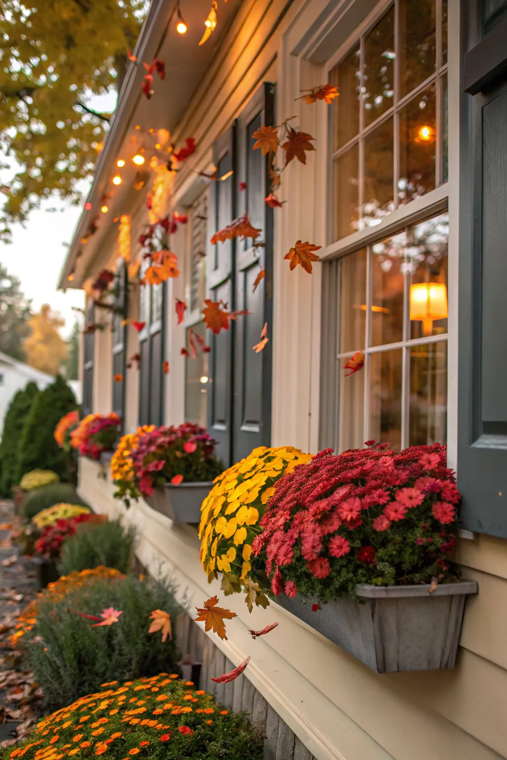 Lush fall window boxes filled with seasonal blooms.
