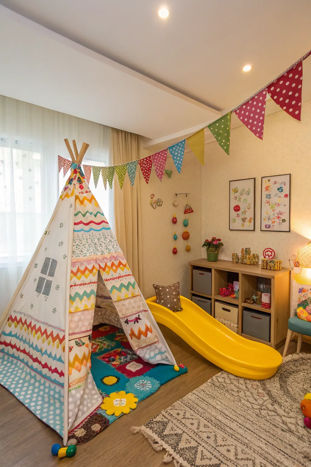 A playroom featuring a teepee and a small indoor slide.