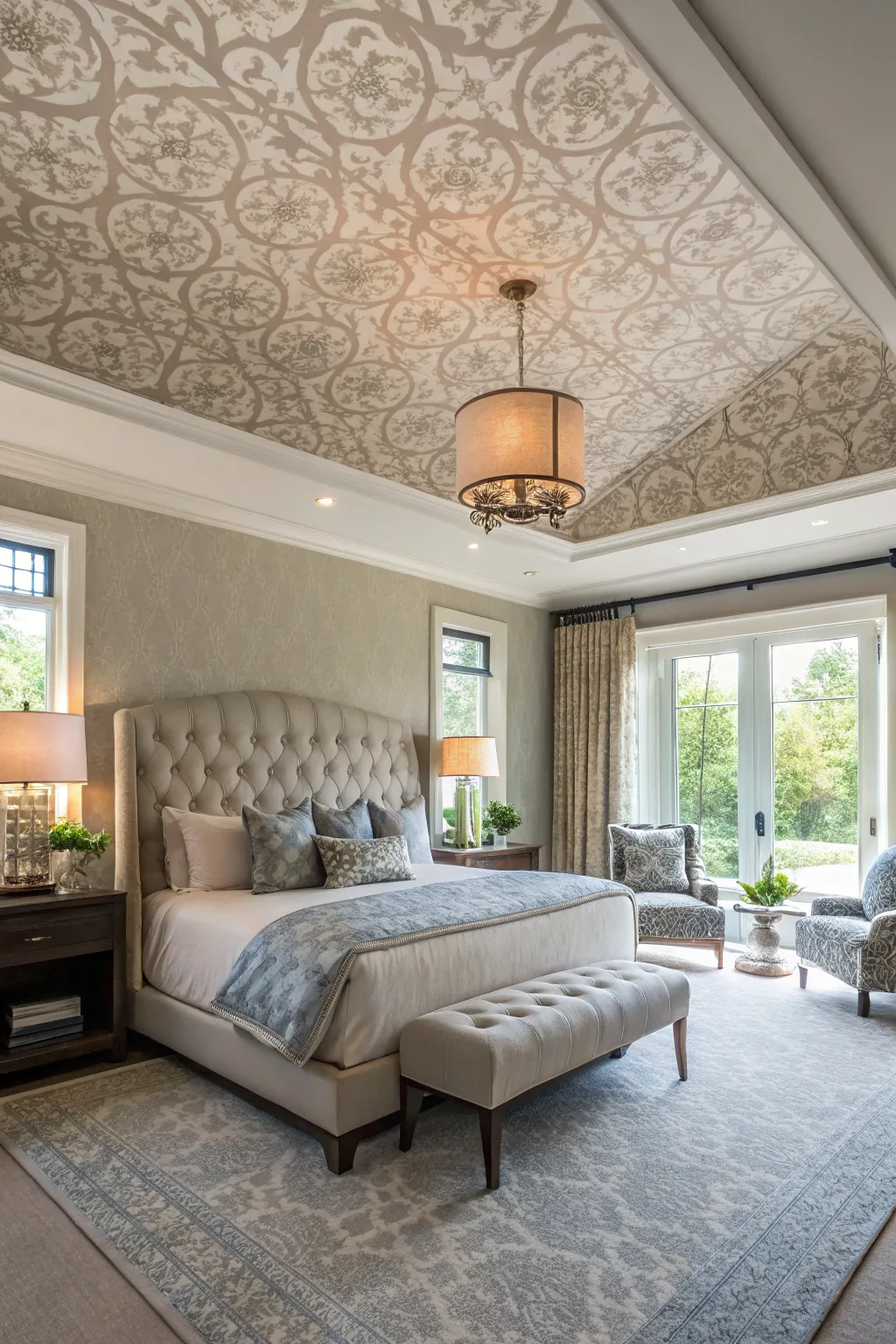 Fabric upholstery adds a cozy texture to your faux tray ceiling.