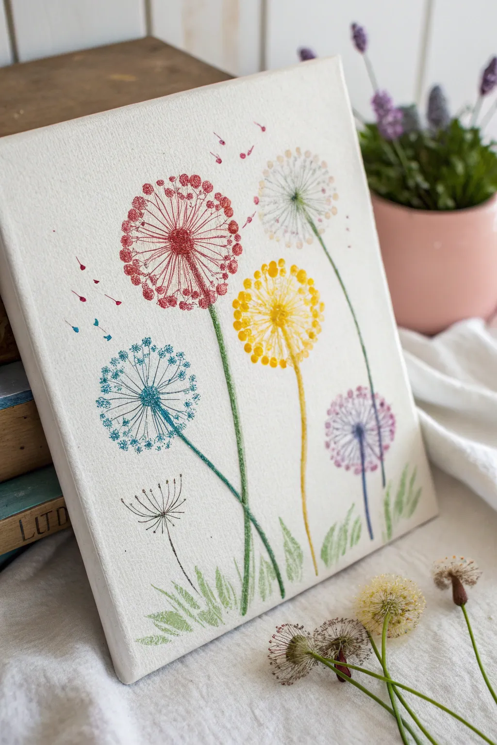 Capture the essence of nature with vibrant fingerprint dandelions, a blend of minimalist and boho artistry.