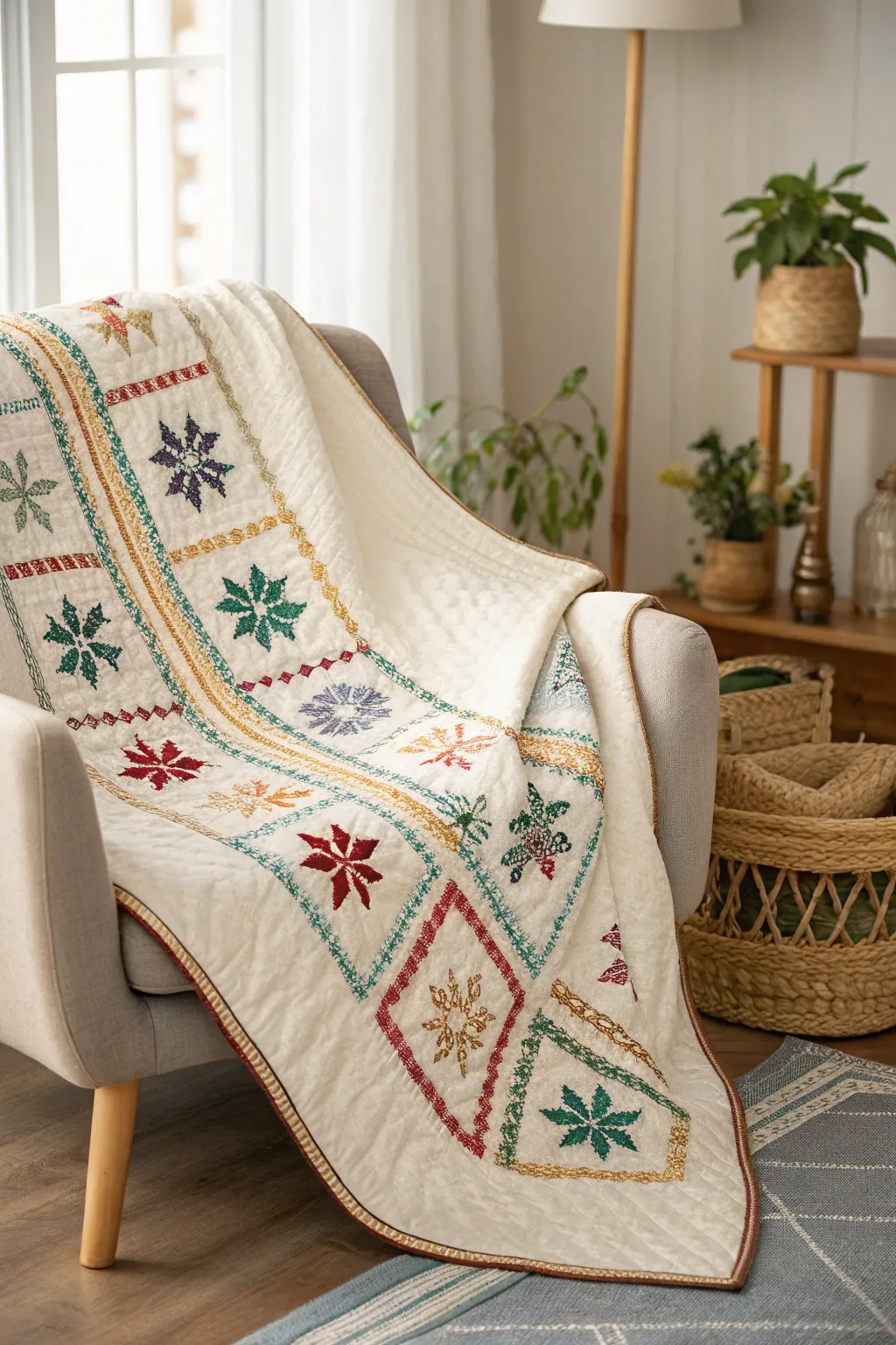 Wrap yourself in creativity and warmth with this exquisite cross stitch quilt.