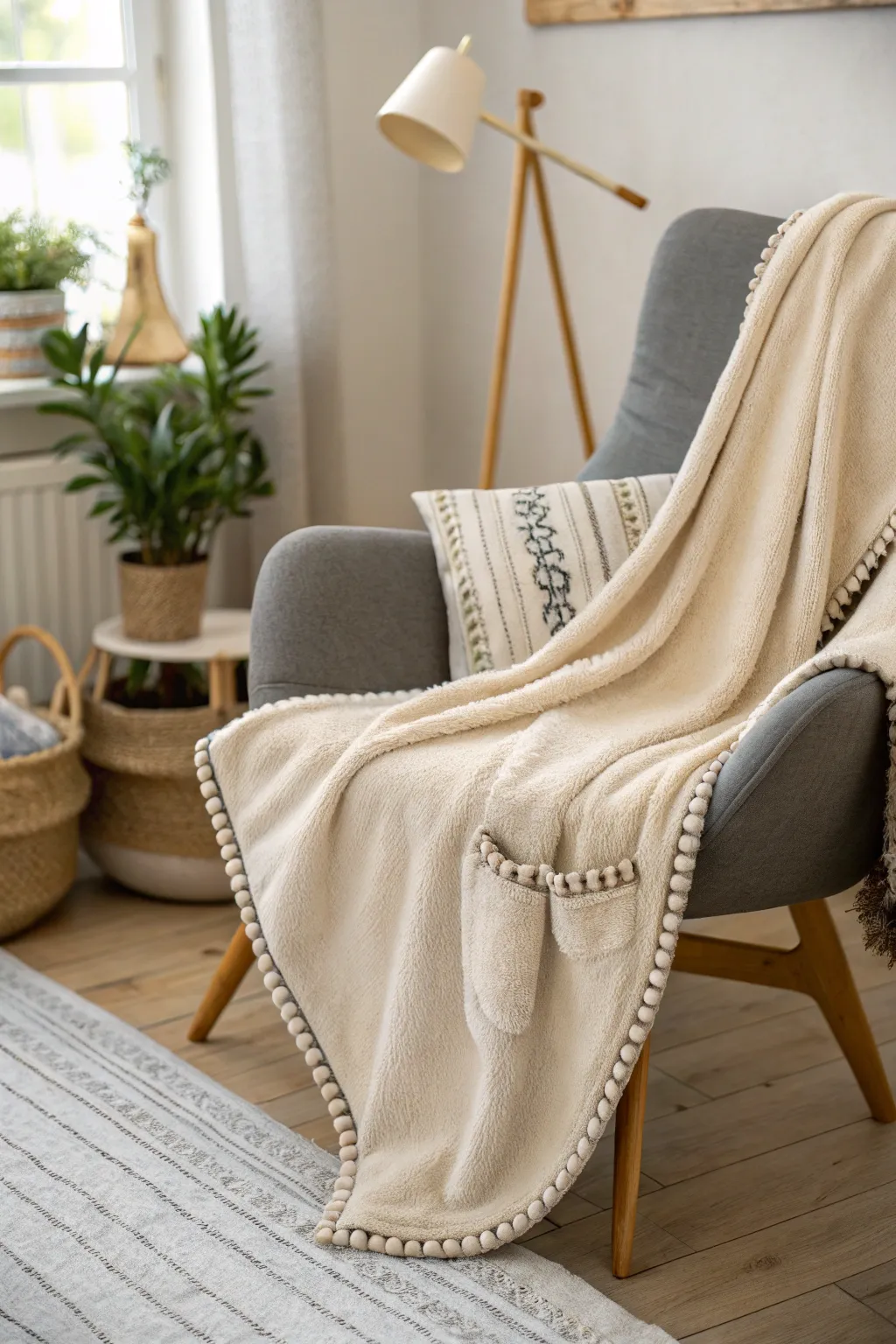 Elevate your cozy time with a fleece blanket that blends minimalist charm and practical pockets for the ultimate comfort.