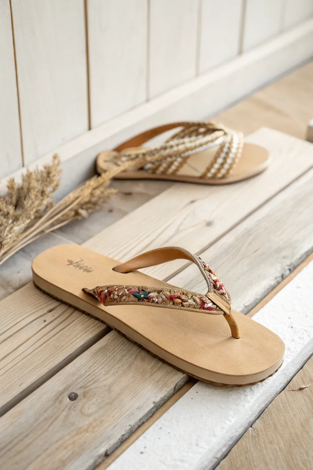 Crafted elegance: Keep your flip flops snug with a chic elastic heel strap.