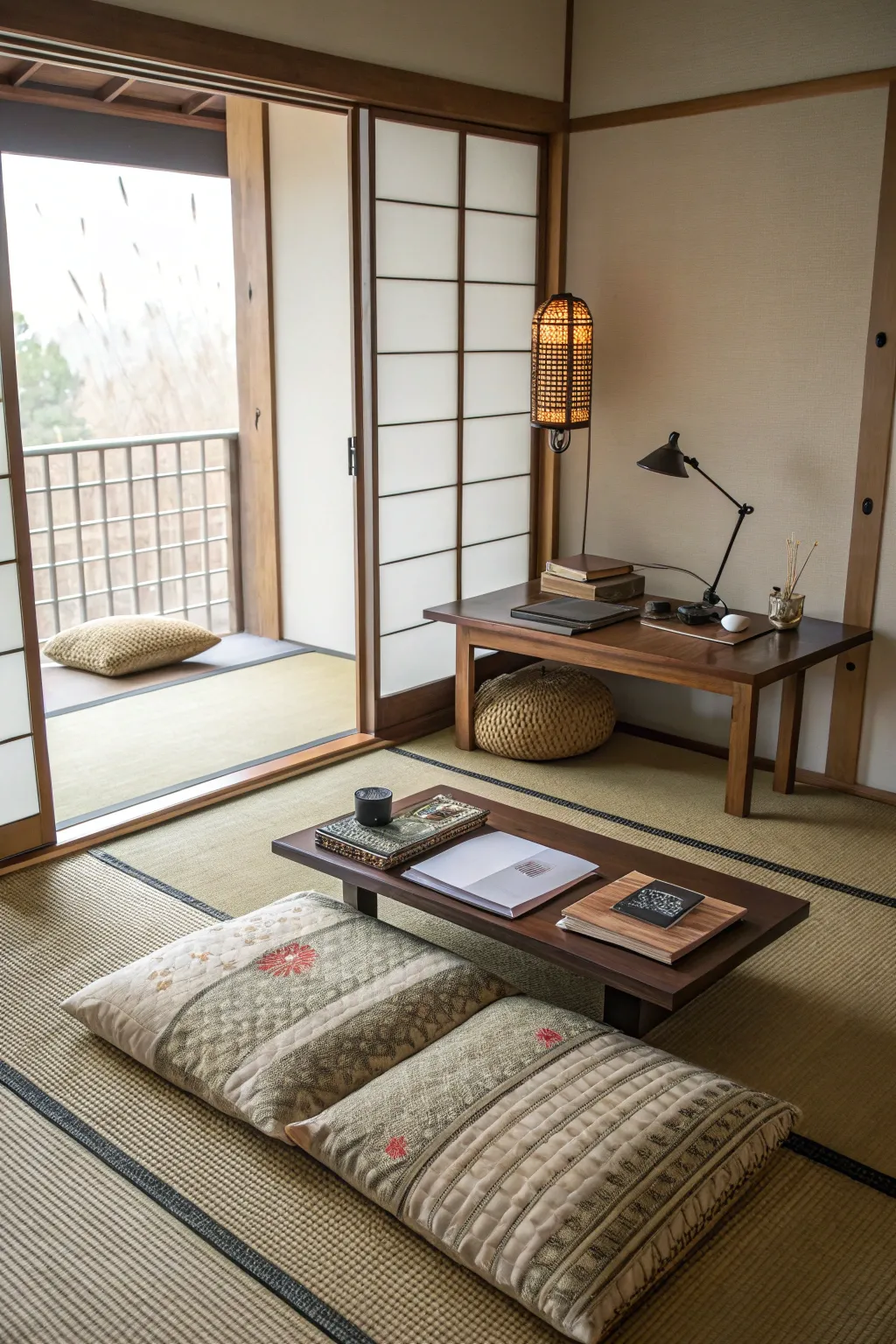 A serene Japanese tatami-style floor desk setup, perfect for focused work.