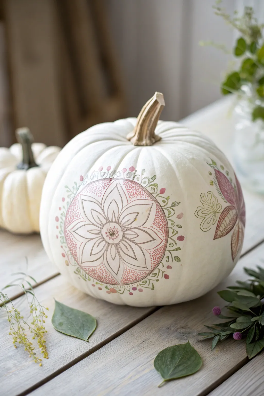 Embrace tranquility with floral mandalas on a pumpkin, where simplicity meets artistry.