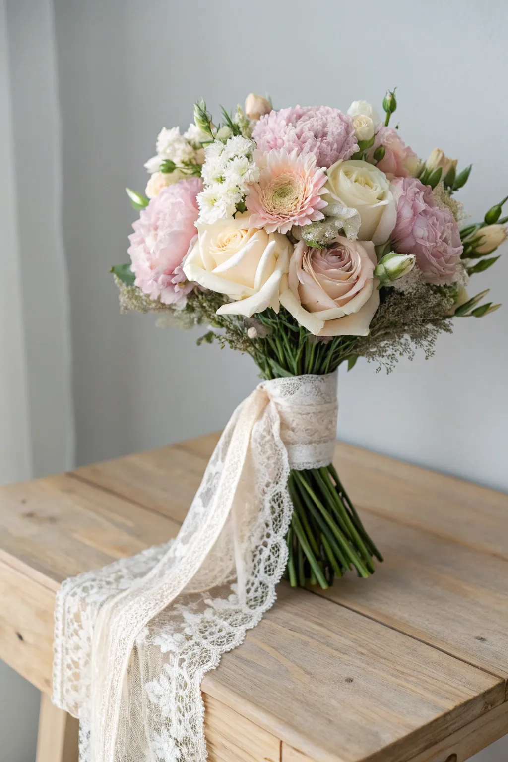 Embrace timeless romance with a delicate lace-wrapped bouquet.