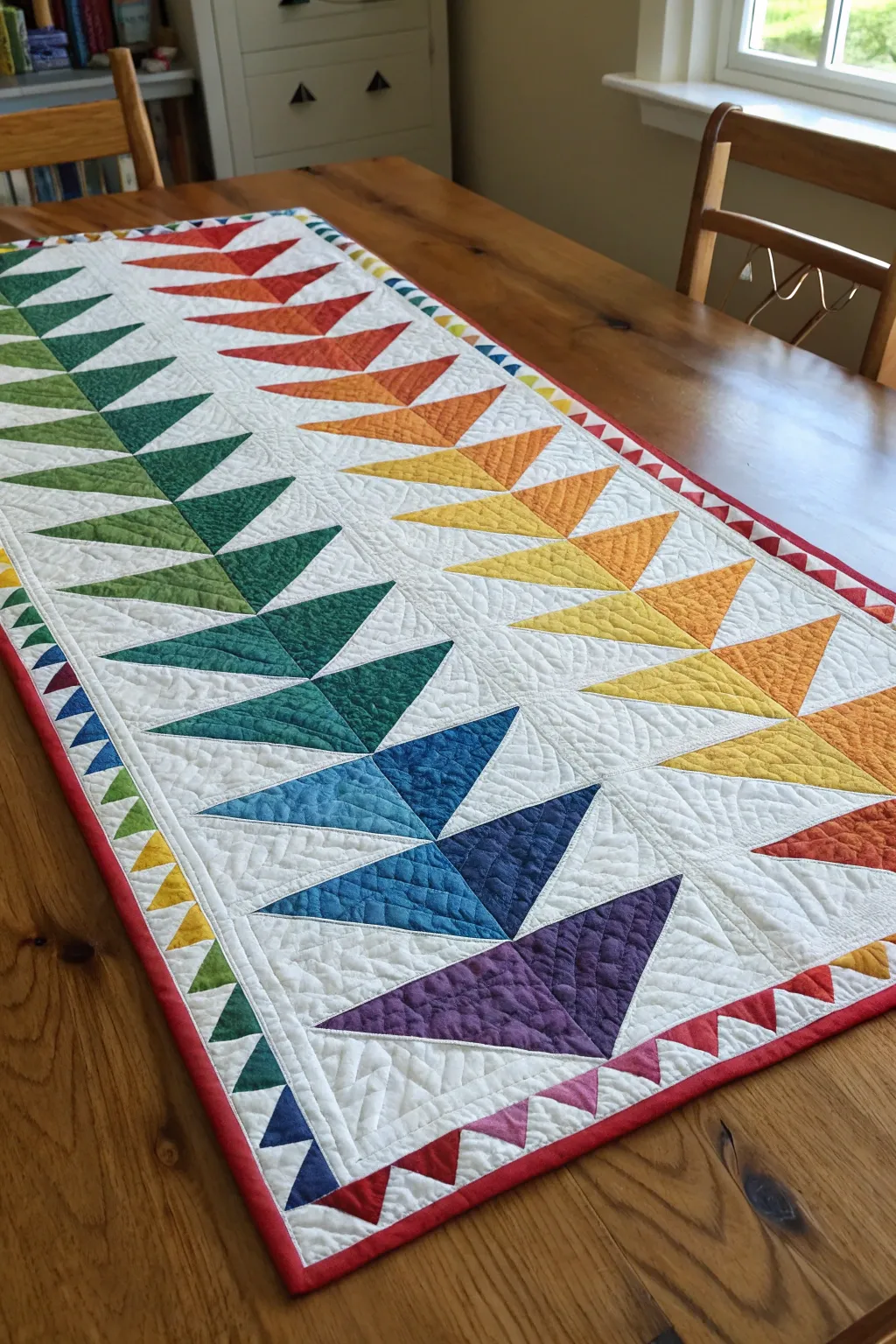 A vibrant quilt with flying geese borders in rainbow colors.