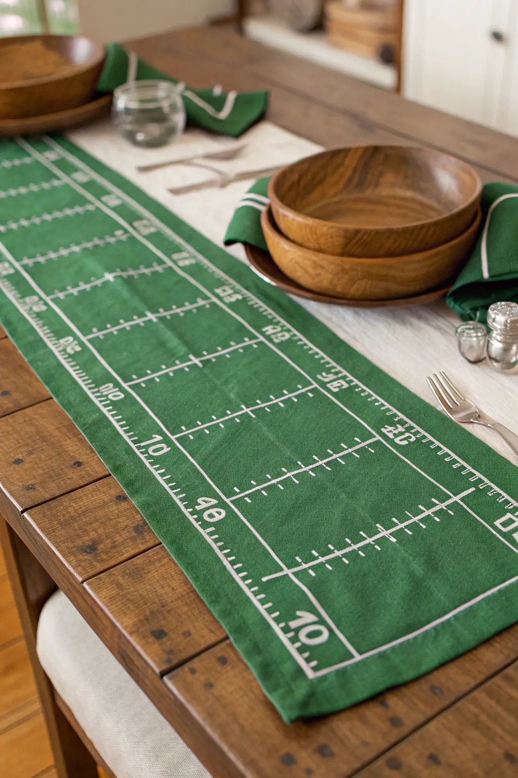 Elevate your game day decor with a handcrafted football field table runner, perfect for showcasing your love for the sport and craftsmanship.