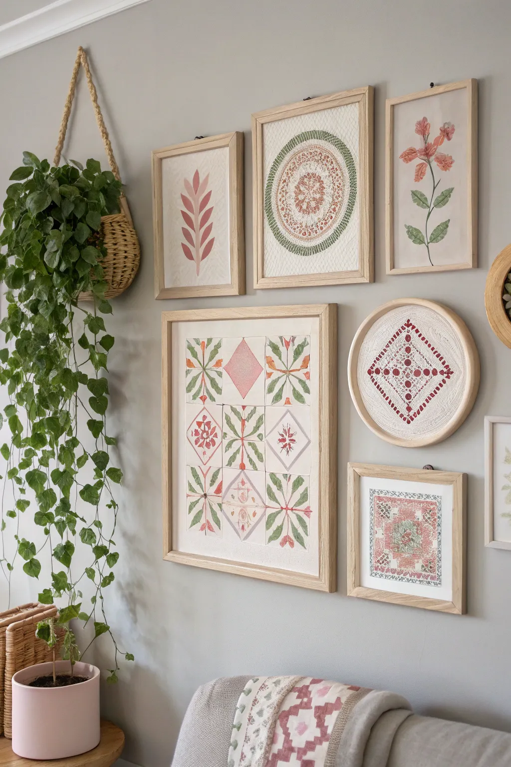 Transform your space with a curated needlepoint gallery wall that effortlessly blends Scandinavian simplicity with boho charm.