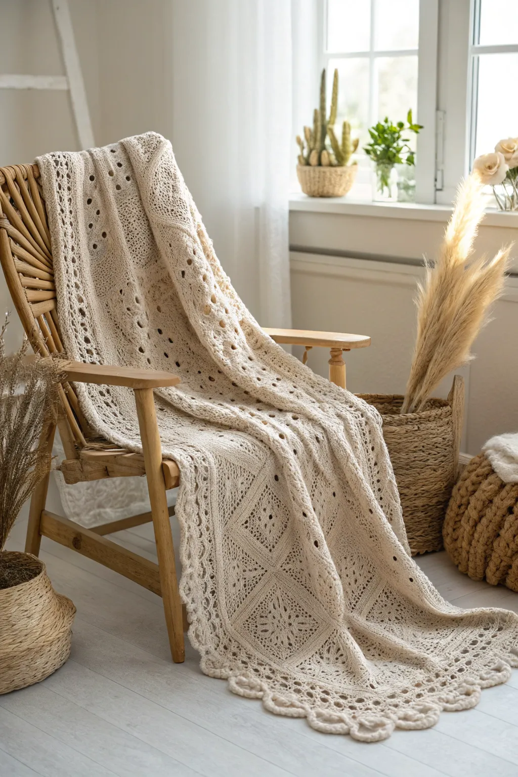 Embrace the airy elegance of handcrafted lacy crochet, perfect for a serene summer retreat.