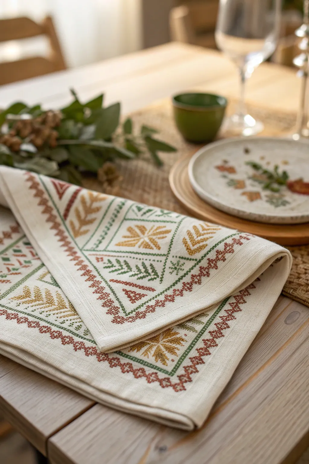 Discover the elegance of geometric embroidery with this Scandinavian-Boho inspired napkin design.