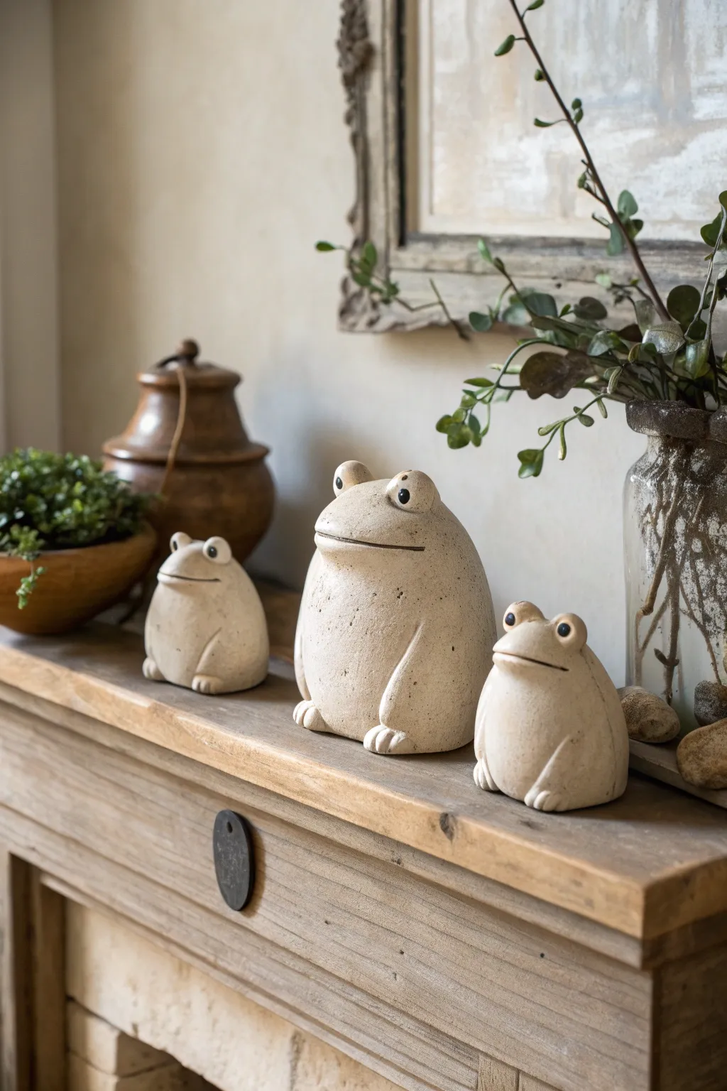 Enchanting Frog Trio: A Minimalist Tale of Craftsmanship and Natural Beauty