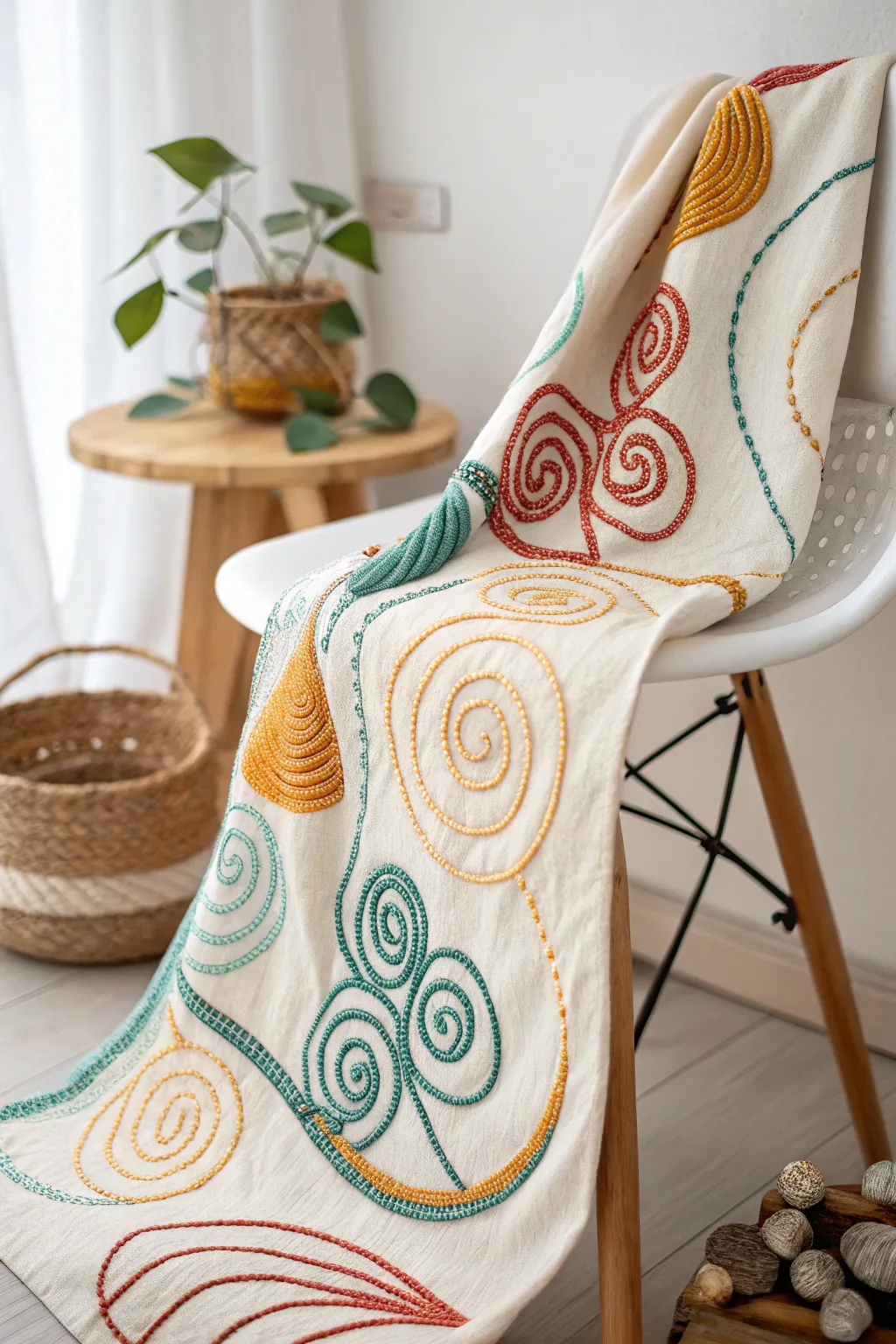 Add a playful twist to your decor with vibrant abstract embroidery swirls.