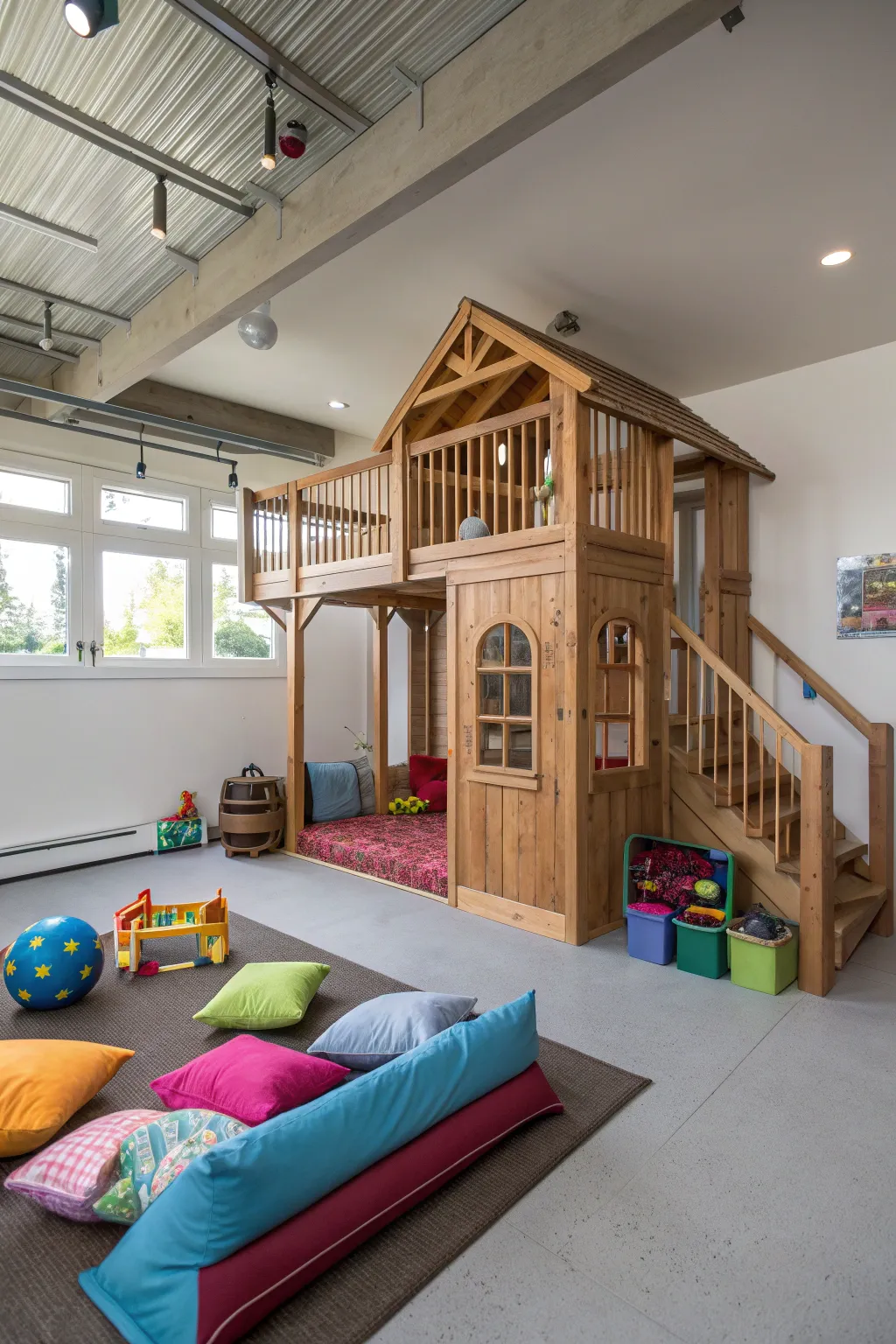 Transform your garage mezzanine into a crafted haven for kids' adventures!