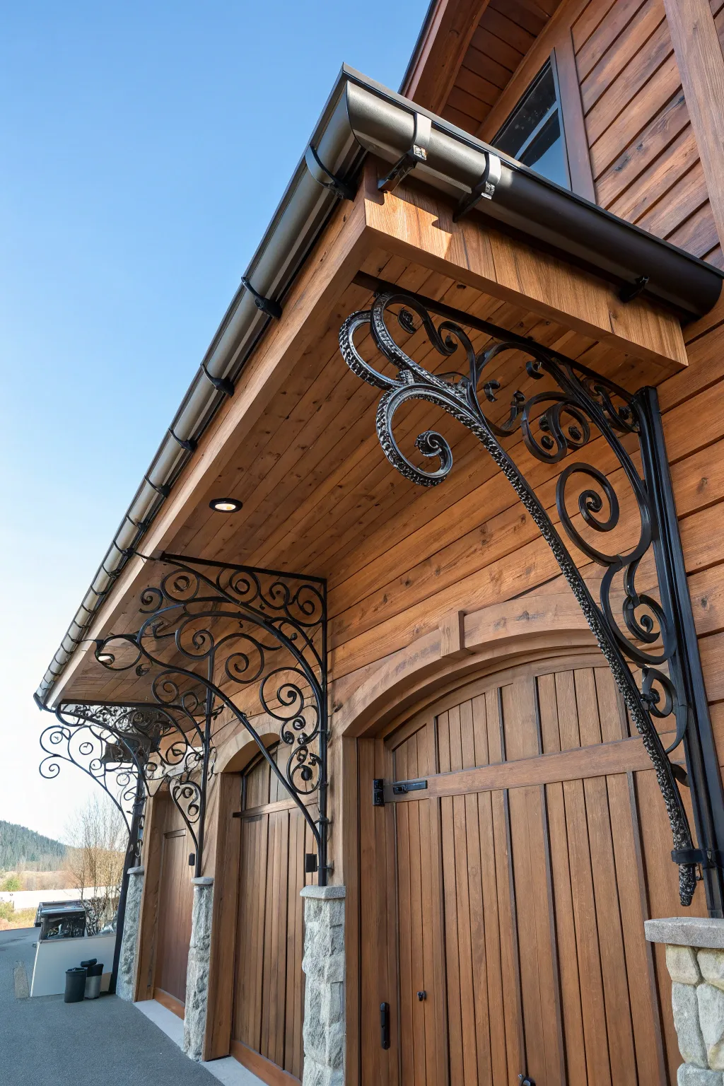 Elevate your garage overhang with the timeless elegance of decorative brackets.
