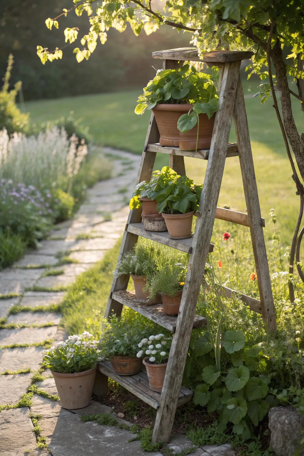 Elevate your garden's charm with a vintage ladder stand—where simplicity meets natural beauty.