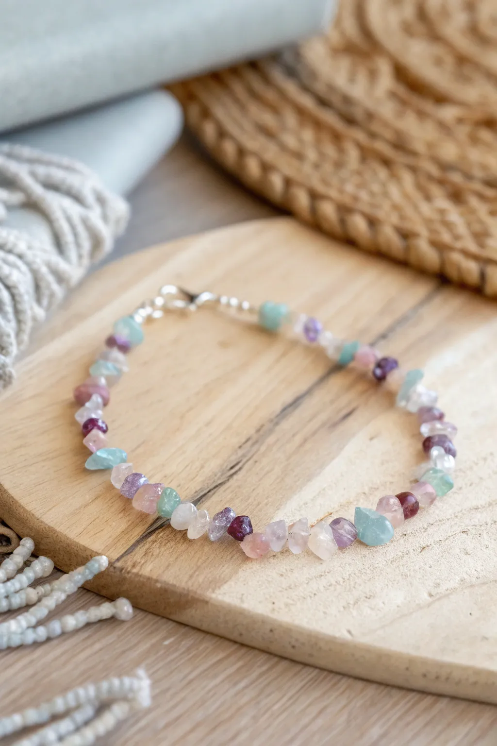 Embrace the beach-ready vibes with a touch of natural elegance: Gemstone chip anklet perfect for your summer style.