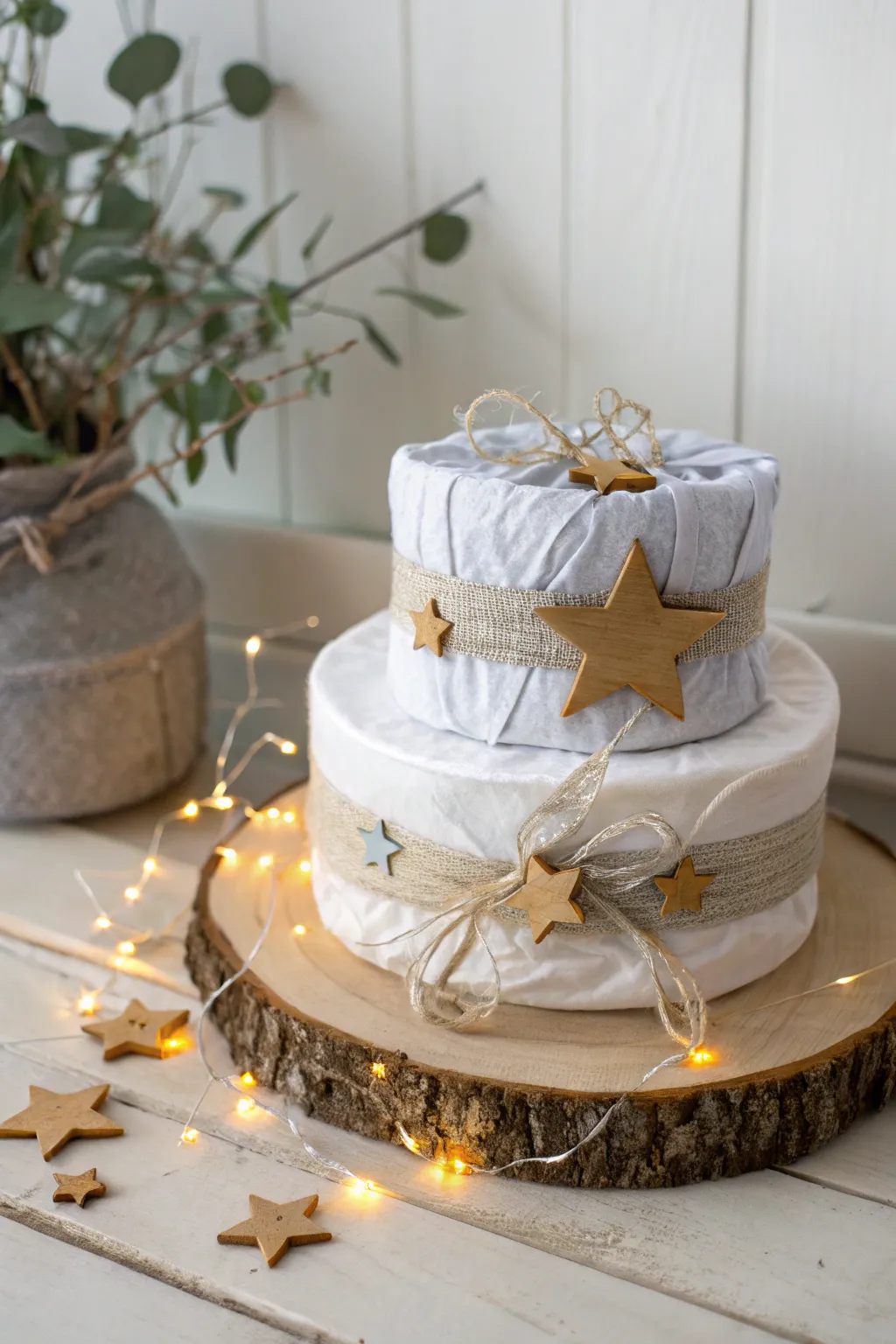 Twinkle into dreamland with this starry night diaper cake—where simplicity meets enchantment.