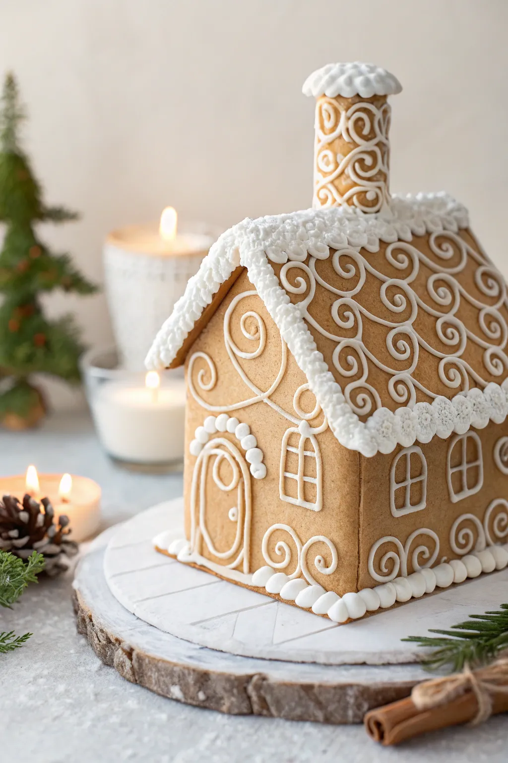 Elevate your gingerbread creation with a sophisticated icing spiral chimney that exudes elegance and craftsmanship.