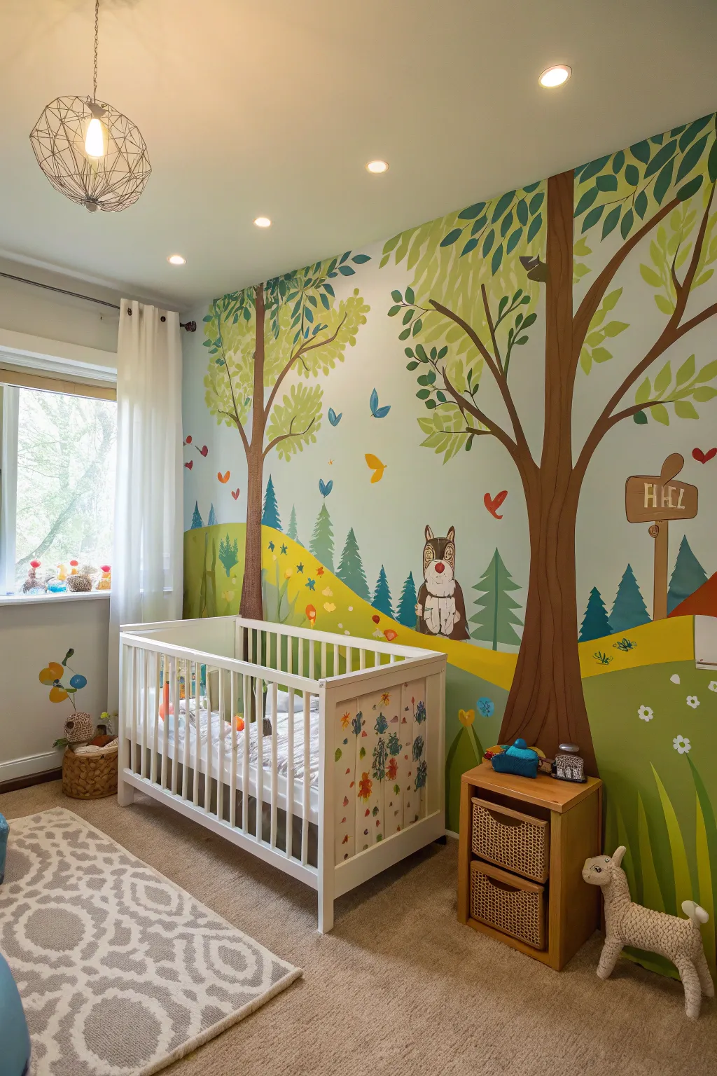A statement mural creates a captivating focal point in this nursery.