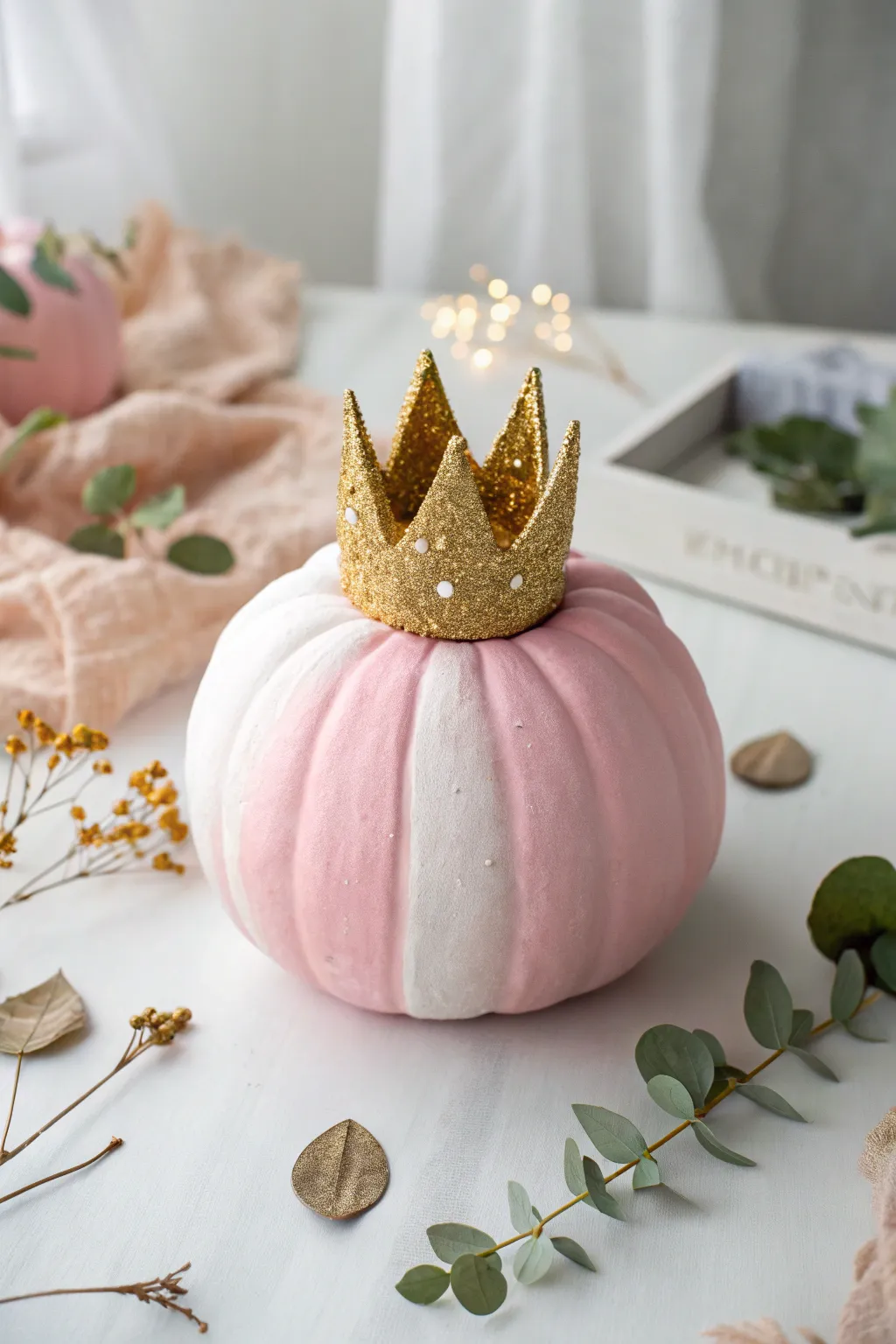 Transform your pumpkin into a fairytale masterpiece with soft pinks and a touch of gold magic.