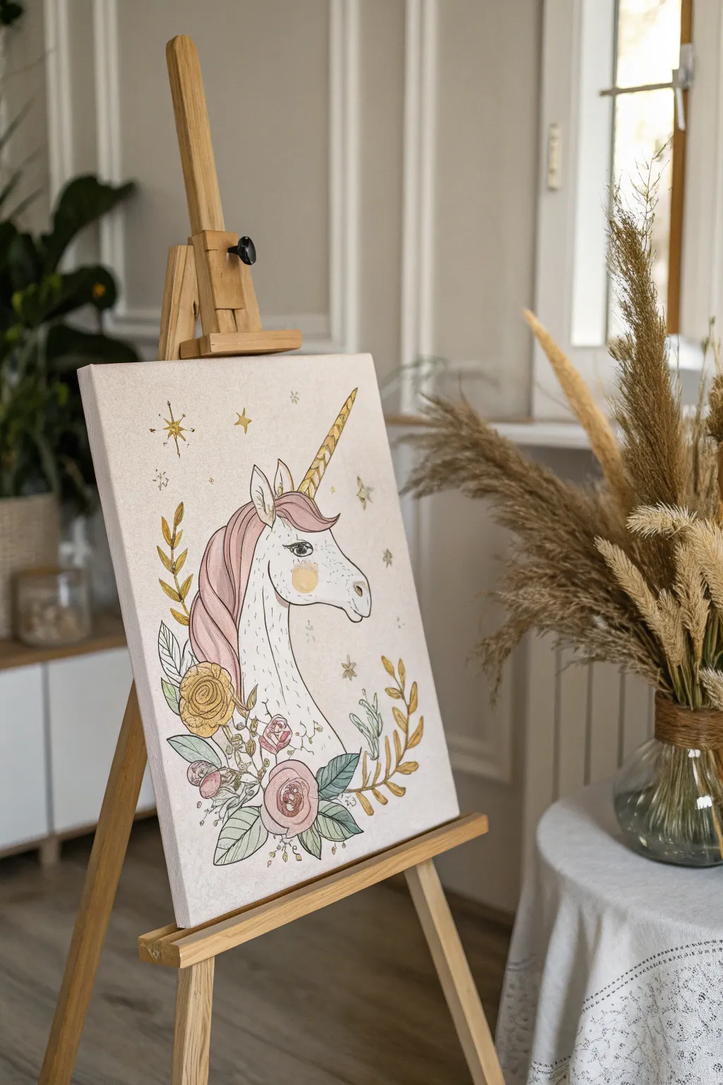 Embrace the magic of minimalism with this enchanting unicorn painting, perfect for adding a touch of whimsy to any space.