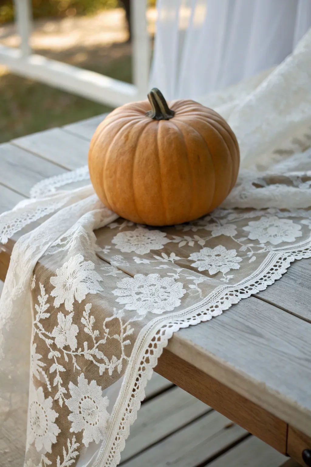 Elevate your fall decor with a touch of elegance: lace-draped pumpkins for a chic, minimalist vibe.