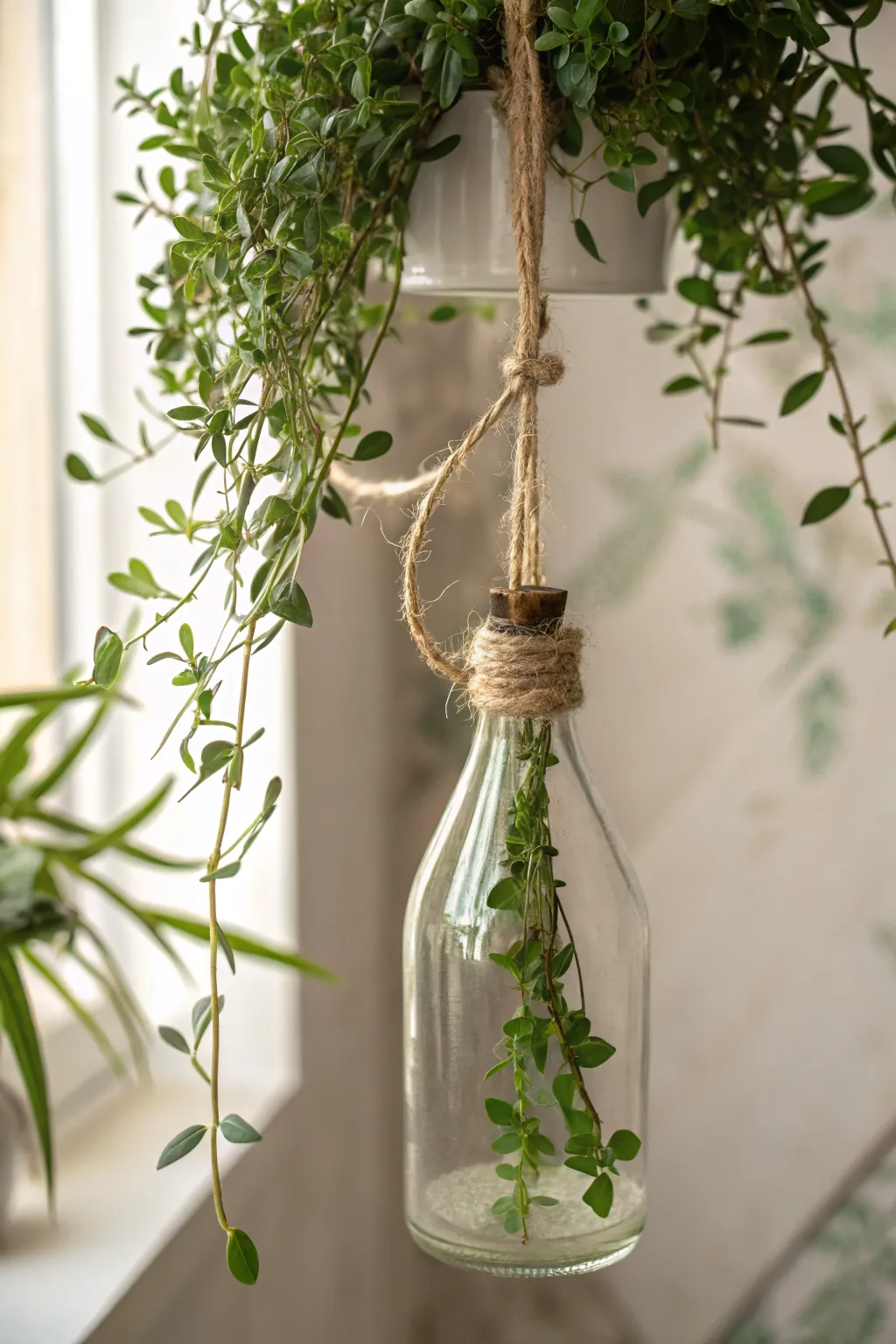 Elevate your space with a touch of natural elegance: a simple hanging bottle garden.