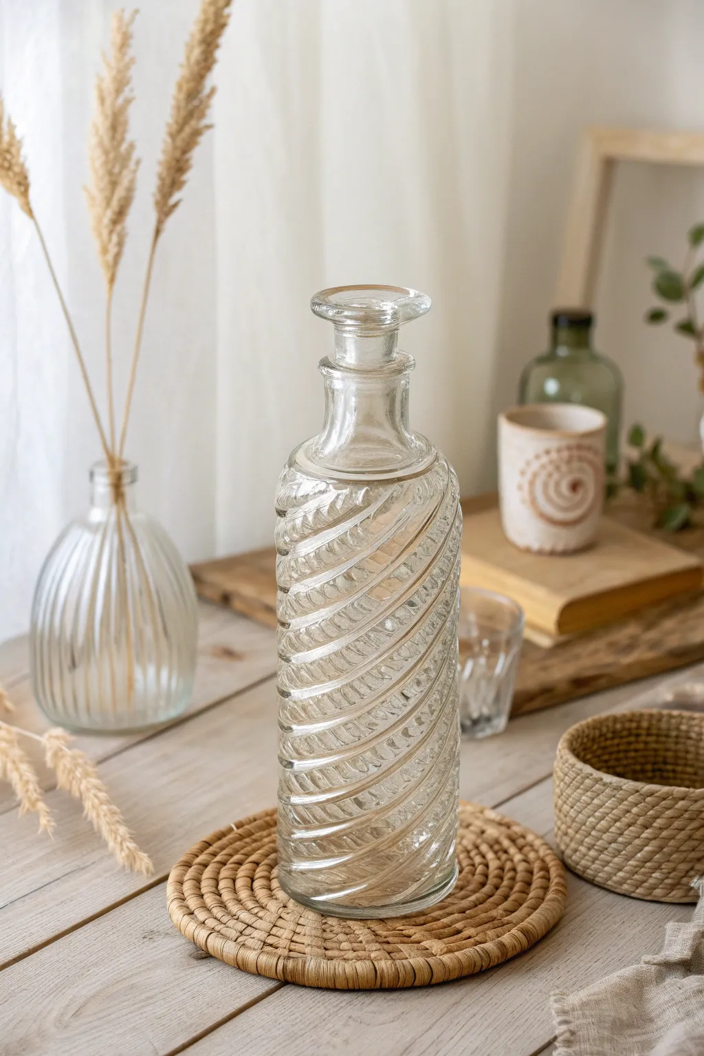 Transform ordinary glass bottles into captivating spiral art pieces for a chic, minimalist touch to your home decor.