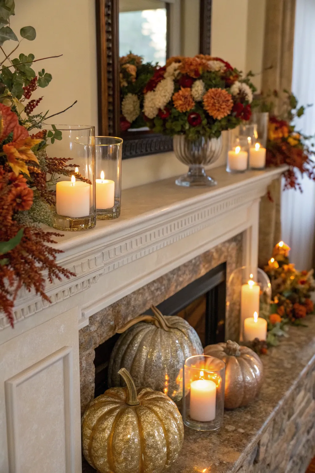 Glass pumpkins bring elegance to a mantel display.