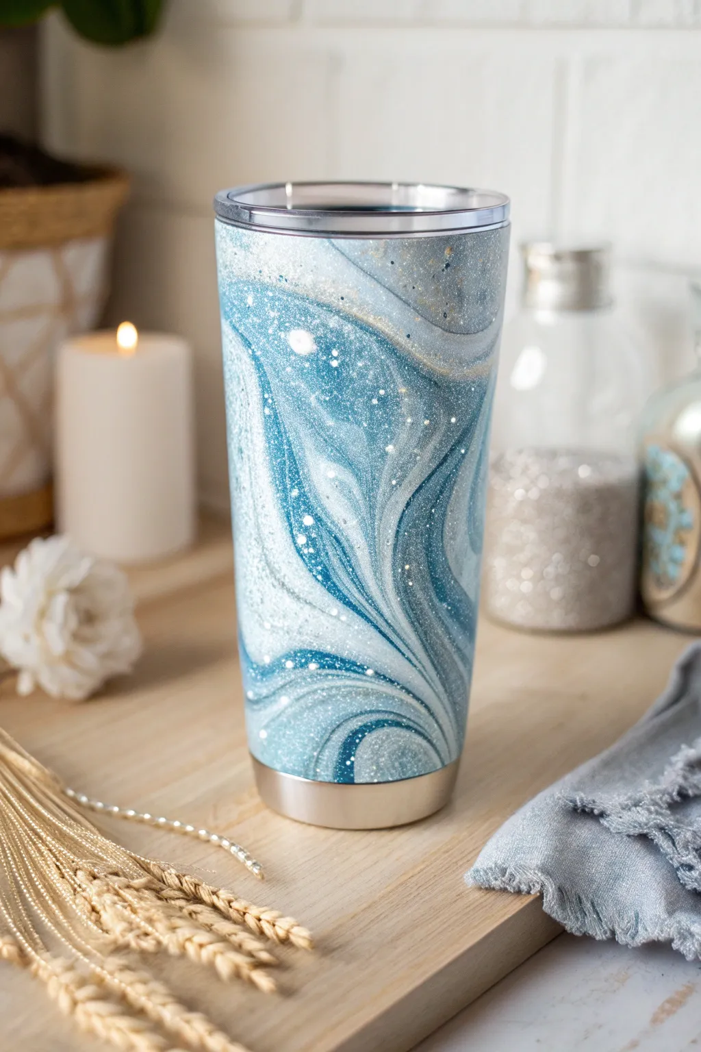Embrace elegance with this artful blue and white marbled tumbler, a perfect blend of Scandinavian simplicity and boho charm.