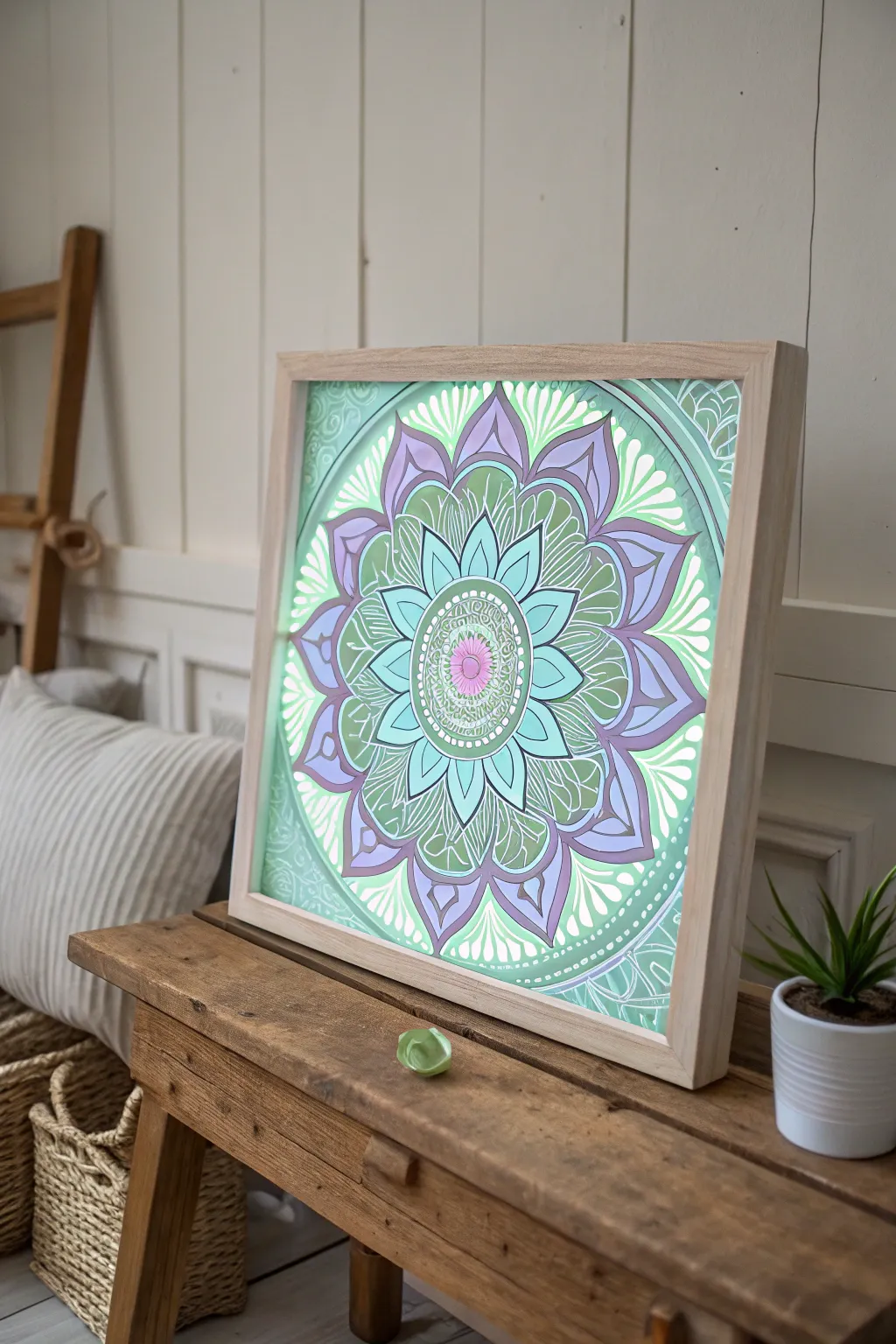 Embrace the serene glow of handcrafted beauty with this stunning mandala masterpiece.