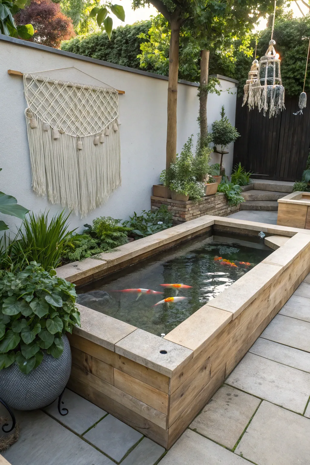 Discover serenity with a modern twist: a raised goldfish pond that blends Scandinavian minimalism with a touch of boho charm.