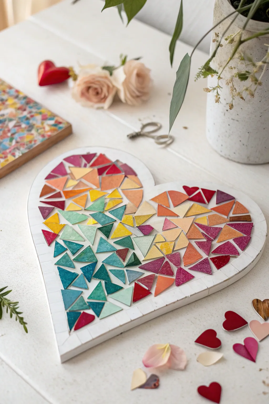 Celebrate love and kindness with this handcrafted mosaic heart, a beautiful blend of simplicity and vibrant creativity.