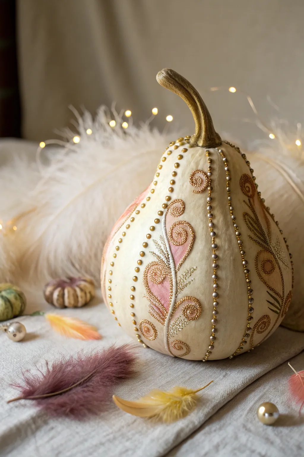 Discover the art of gourd decoration with this stunning mixed-media masterpiece.
