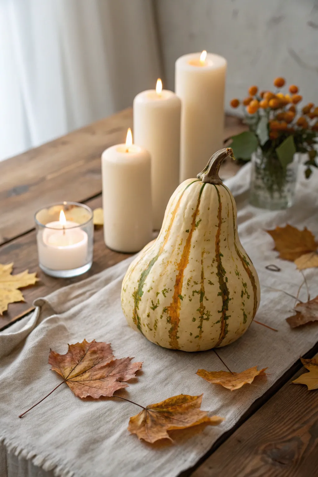 Embrace the essence of autumn with a minimalist gourd centerpiece, where simplicity meets natural elegance.
