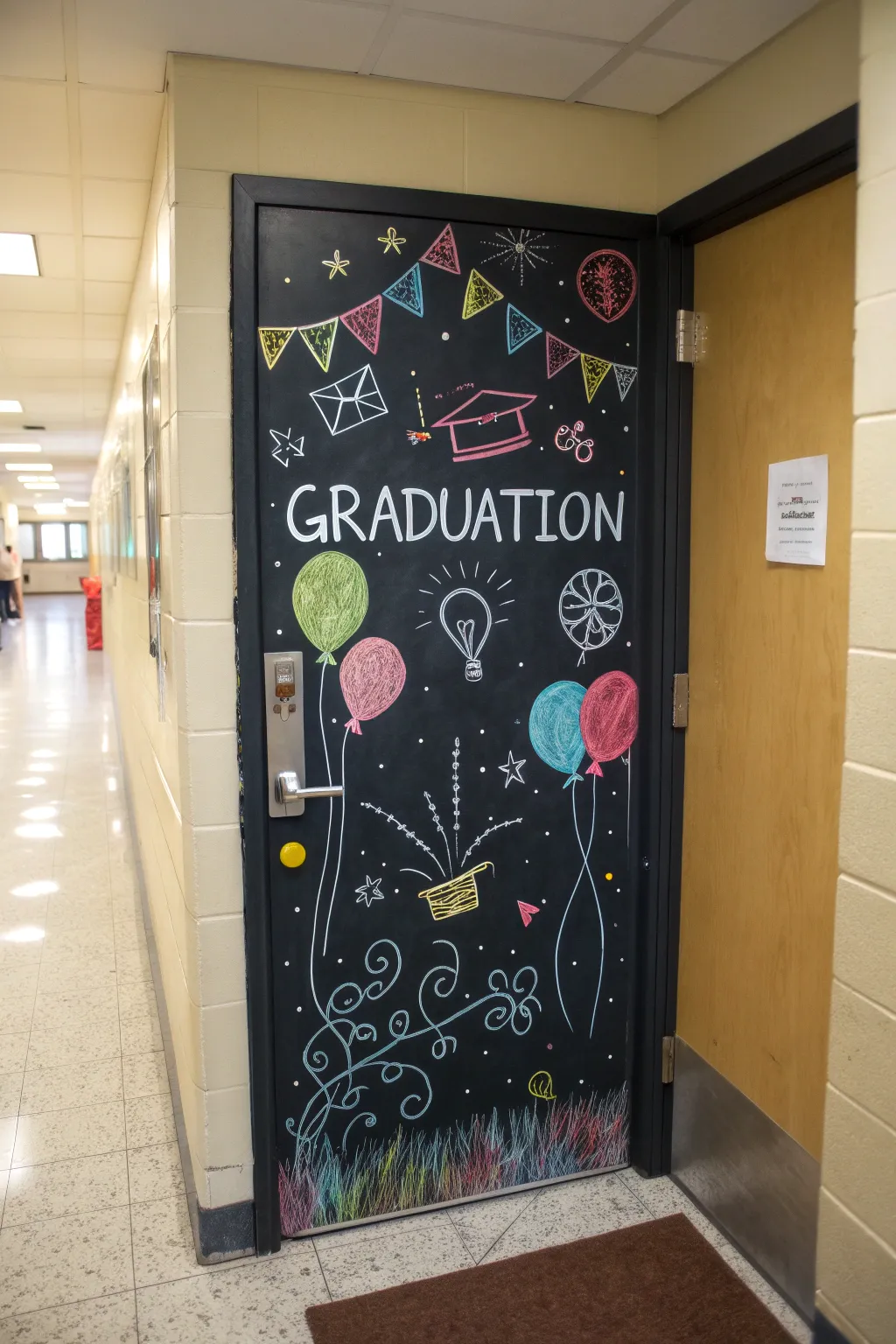 Interactive chalkboard door for personal messages.