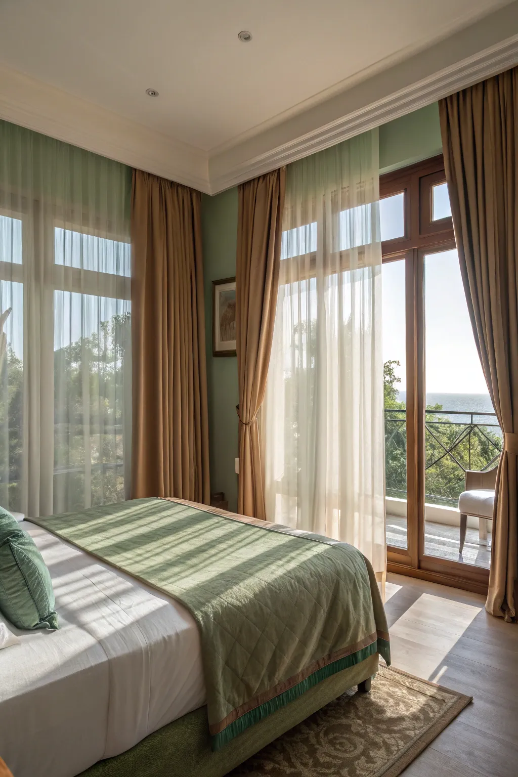 Natural light enhancing the calming atmosphere of a green and brown bedroom.